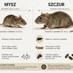 Porównanie dwóch rodzajów myszy: małej, smukłej myszy domowej i większego, masywnego szczura, z opisem ich cech i odchodów.