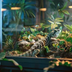 Jaszczurka w terrarium, jeden z najbardziej znanych gadów, otoczona bujną zielenią.