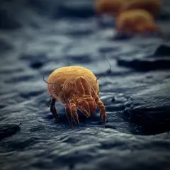 Zbliżenie na roztocze, mikroskopijne robaki o pomarańczowym ciele, poruszające się po ciemnej, chropowatej powierzchni.