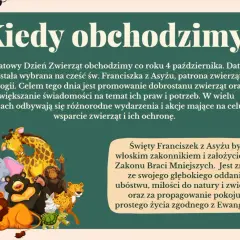 Dzień Zwierząt świętujemy 4 października. Ilustracja przedstawia grupę zwierząt: lwa, słonia, żyrafę, niedźwiedzia, małpę, lamparta, królika i żółwia.