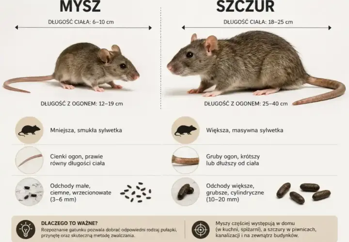 Porównanie dwóch rodzajów myszy: małej, smukłej myszy domowej i większego, masywnego szczura, z opisem ich cech i odchodów.