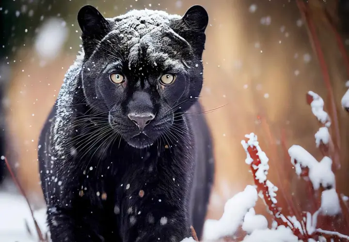 Czarna pantera w śniegu. Czy puma i pantera to to samo? To pytanie zadaje sobie wielu, ale ta majestatyczna pantera w zimowej scenerii rozwiewa wątpliwości.