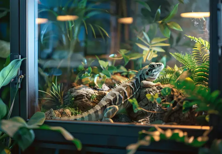Jaszczurka w terrarium, jeden z najbardziej znanych gadów, otoczona bujną zielenią.