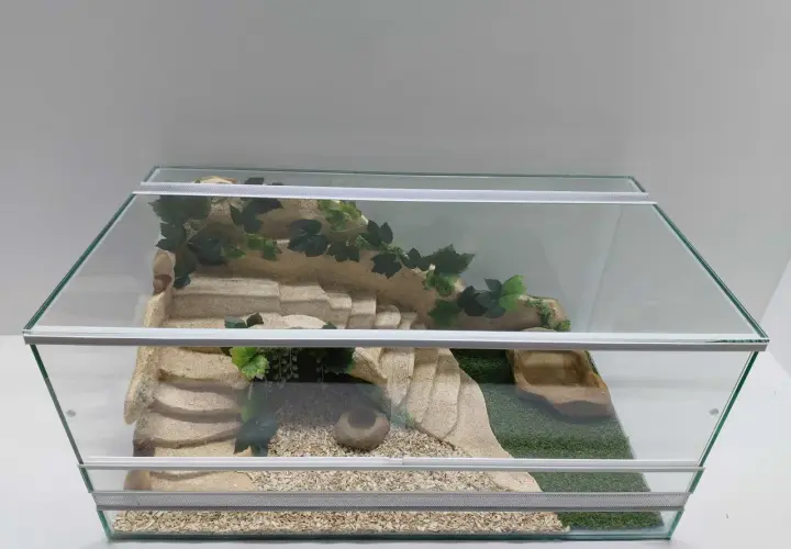Piękne terrarium dla żółwia greckiego z piaskowcem, sztuczną trawą i kryjówkami. Idealne miejsce do eksploracji i odpoczynku.