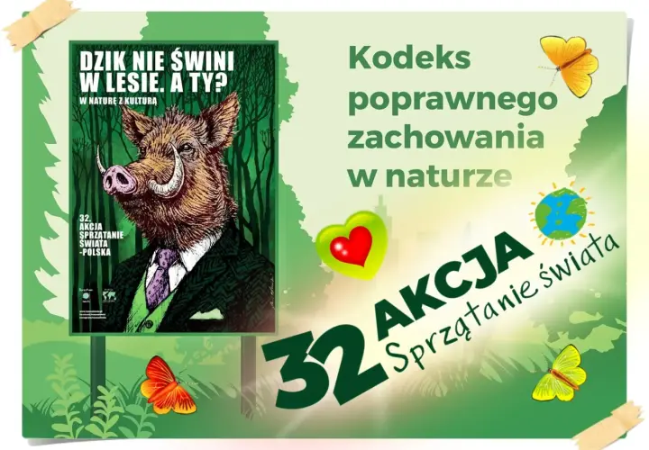 Dzik w garniturze zachęca do sprzątania świata. Ciekawostki o dzikach i przyrodzie.