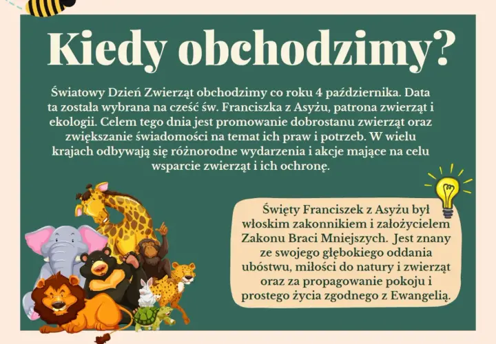 Dzień Zwierząt świętujemy 4 października. Ilustracja przedstawia grupę zwierząt: lwa, słonia, żyrafę, niedźwiedzia, małpę, lamparta, królika i żółwia.