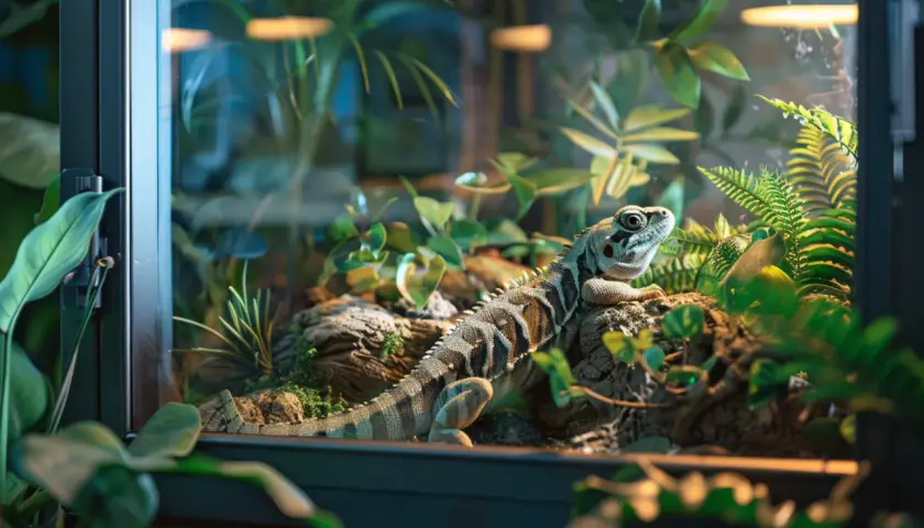Jaszczurka w terrarium, jeden z najbardziej znanych gadów, otoczona bujną zielenią.