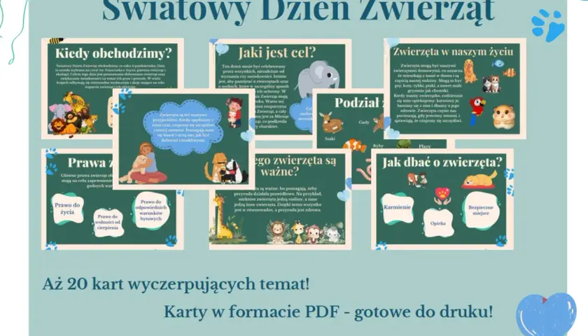 Ilustracja przedstawia kolaż z grafikami zwierząt i tekstem na temat Światowego Dnia Zwierząt.
