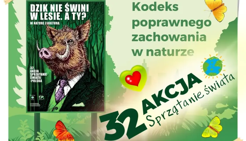 Dzik w garniturze zachęca do sprzątania świata. Ciekawostki o dzikach i przyrodzie.