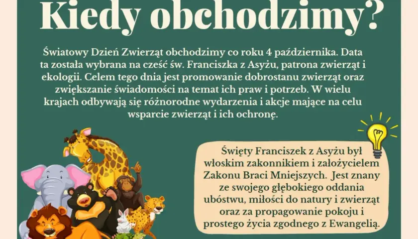 Dzień Zwierząt świętujemy 4 października. Ilustracja przedstawia grupę zwierząt: lwa, słonia, żyrafę, niedźwiedzia, małpę, lamparta, królika i żółwia.