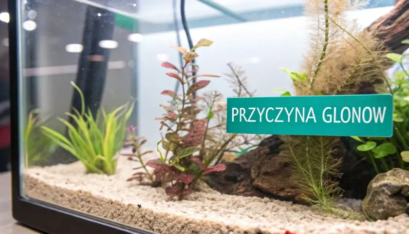 Zielona tabliczka "PRZYCZYNA GLONOW" w akwarium z roślinami. Czy światło w akwarium musi się palić cały czas?
