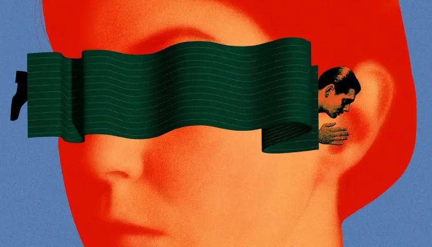 Głowa z zasłoniętymi oczami, z której wyłania się mężczyzna. Może to symbolizować ciekawość o wilkach, która jest ukryta.