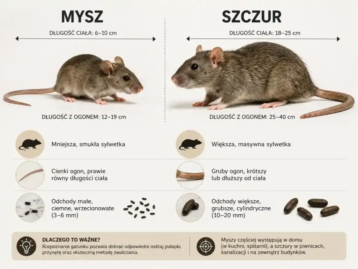 Porównanie dwóch rodzajów myszy: małej, smukłej myszy domowej i większego, masywnego szczura, z opisem ich cech i odchodów.