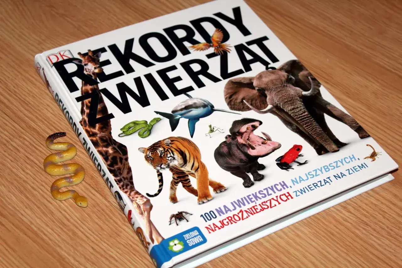 Książka "Rekordy zwierząt" z ilustracjami słonia, hipopotama, tygrysa, rekina i innych. Odkryj rekordy guinessa zwierząt!