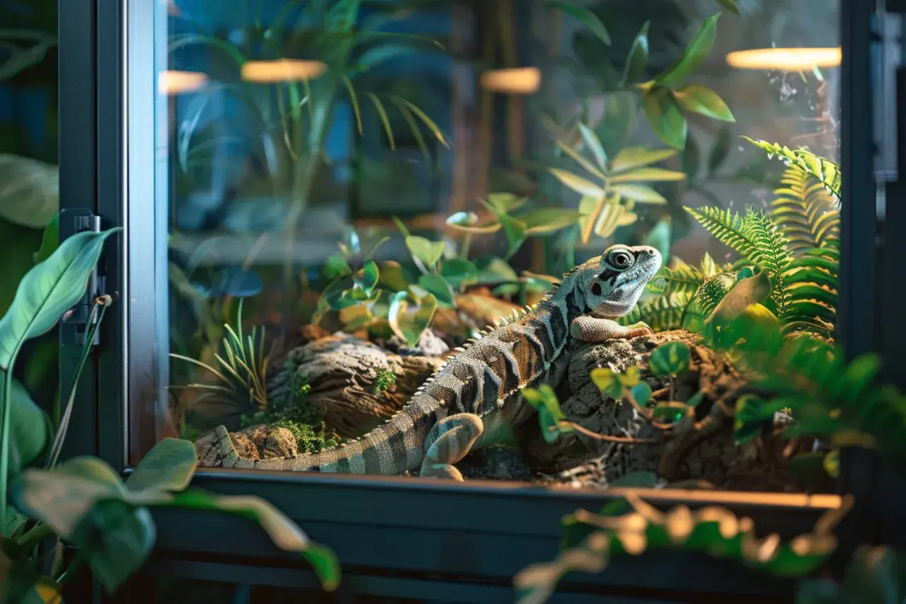 Jaszczurka w terrarium, jeden z najbardziej znanych gadów, otoczona bujną zielenią.