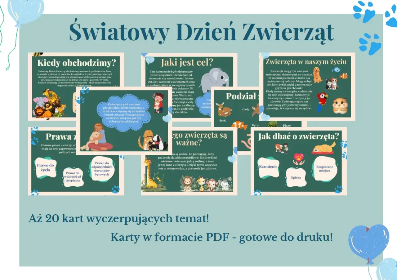 Ilustracja przedstawia kolaż z grafikami zwierząt i tekstem na temat Światowego Dnia Zwierząt.