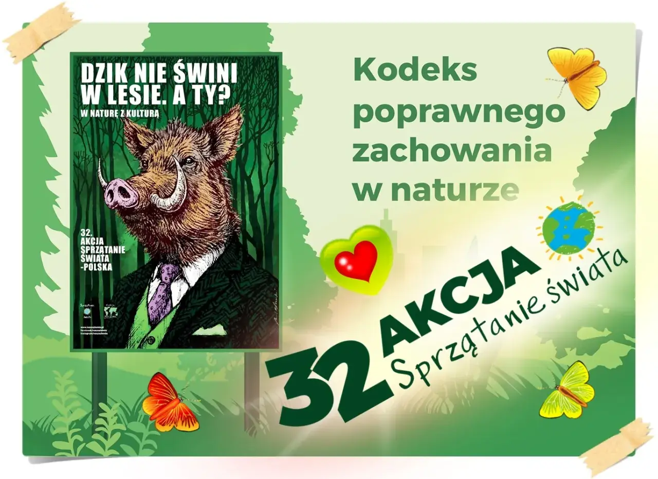 Dzik w garniturze zachęca do sprzątania świata. Ciekawostki o dzikach i przyrodzie.