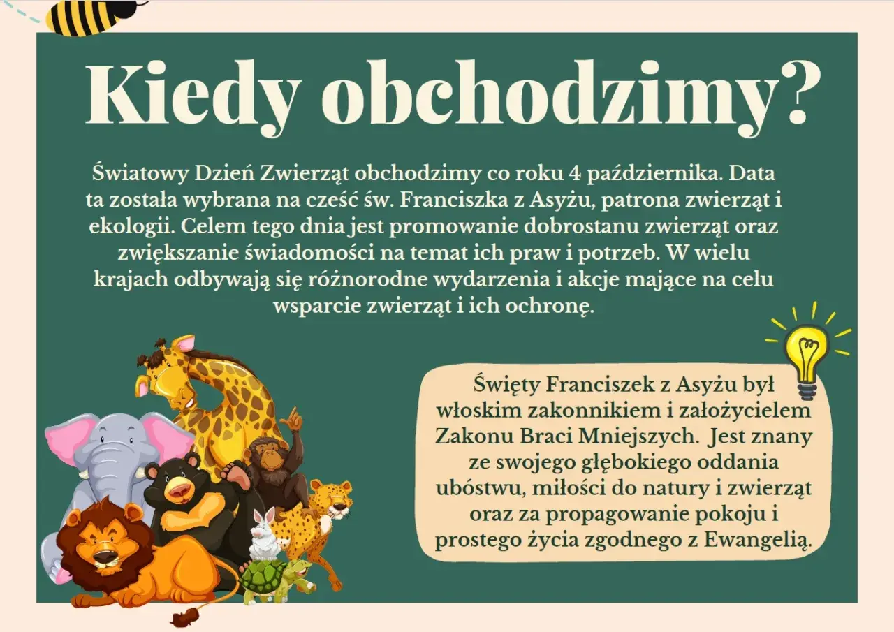Dzień Zwierząt świętujemy 4 października. Ilustracja przedstawia grupę zwierząt: lwa, słonia, żyrafę, niedźwiedzia, małpę, lamparta, królika i żółwia.