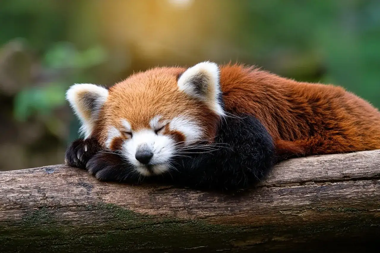 Mała panda śpi na pniu drzewa. Czy wiesz, że te urocze zwierzęta mają 