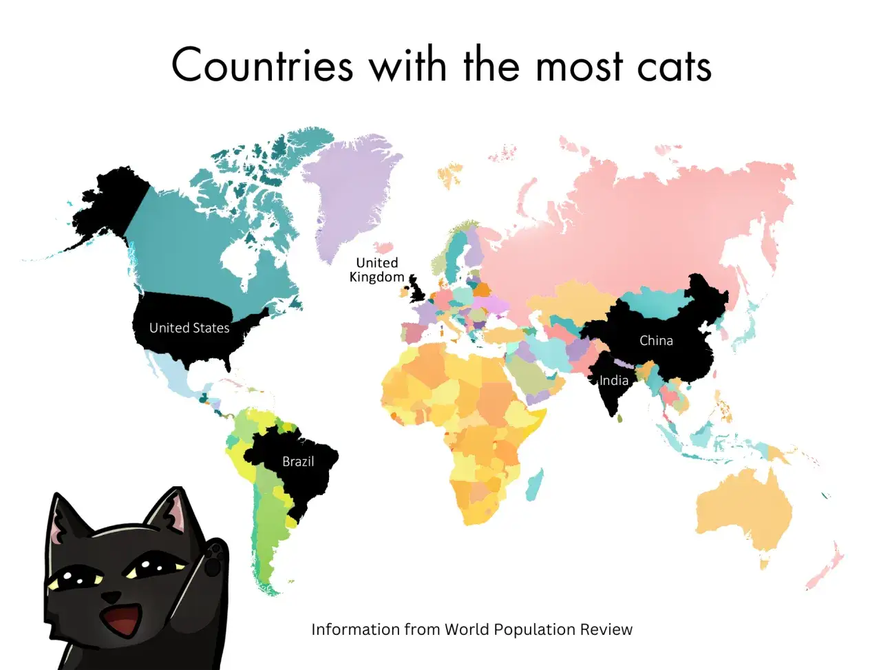 Mapa świata pokazująca, ile jest kot&oacute;w na świecie. Najwięcej kot&oacute;w mają USA, Chiny, Indie i Brazylia.